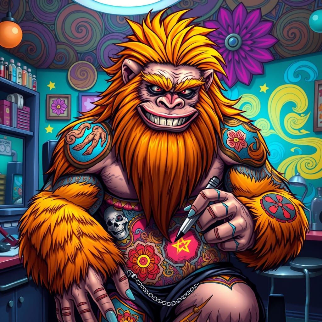 Hyperrealistic Bigfoot in Tattoo Artist's Chair