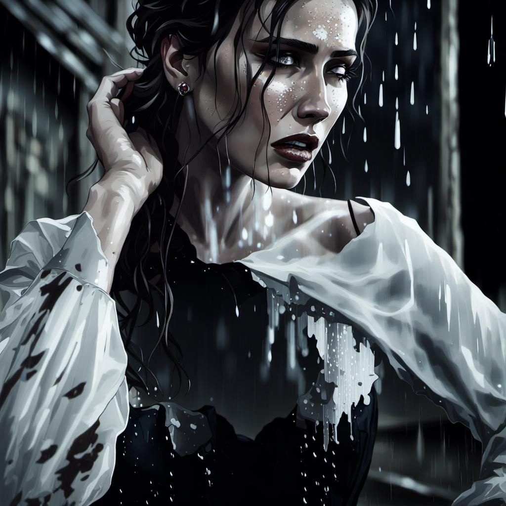 Sad Girl in Rain: Cross-Hatching Drawing