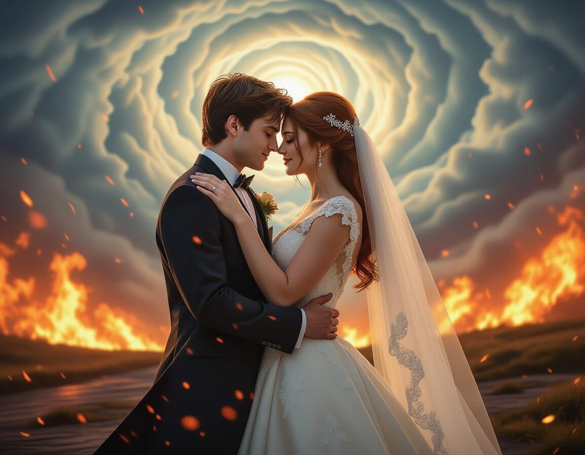 Fiery Wedding: Harry and Ginny in Surreal Landscape