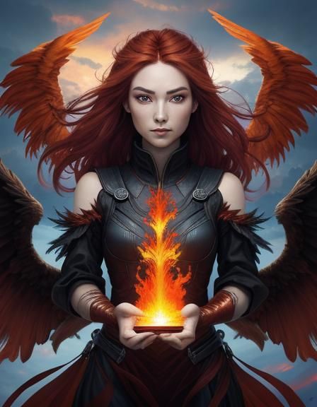 Digital painting of a girl with fiery, phoenix-like wings unfurled and enveloped in radiant red and orange flames, mid-f...
