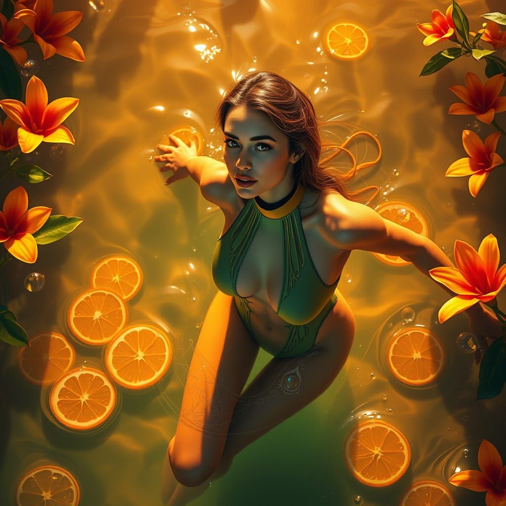 Hyperrealistic Tropical Goddess in Golden Orange Juice