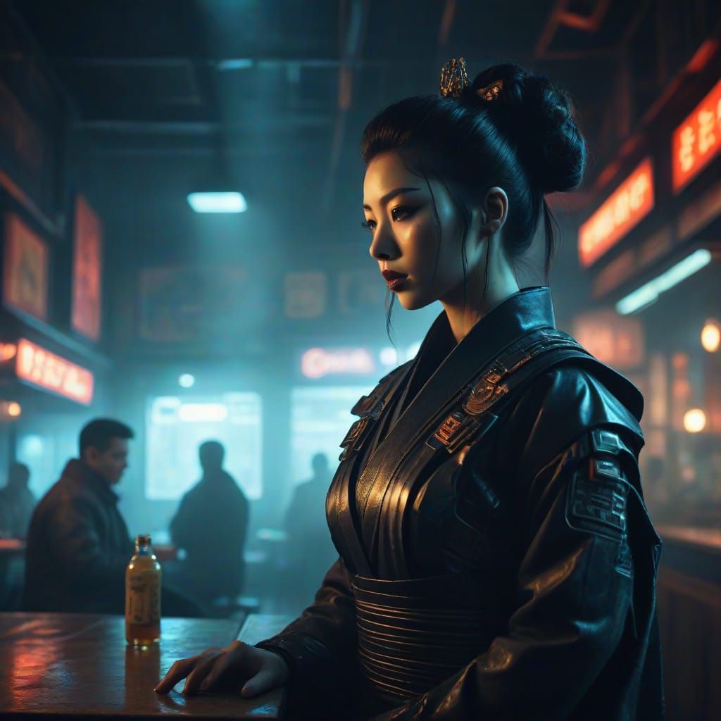 Cyberpunk Geisha and Warrior in Smoky Bar