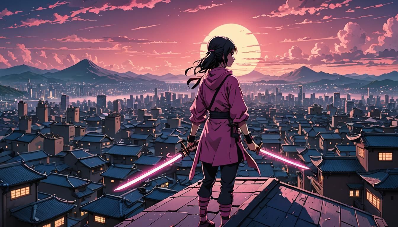 Pink Ninja Girl on Rooftops in Synthwave Anime Style