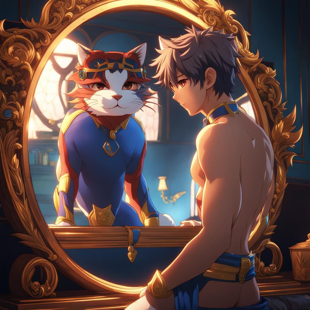 Anime Cat-Boy Gazing in Mirror