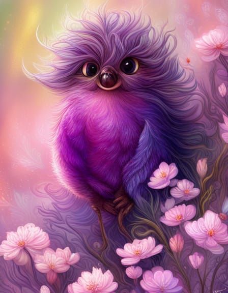 Cute purple fluffy fantastical bird