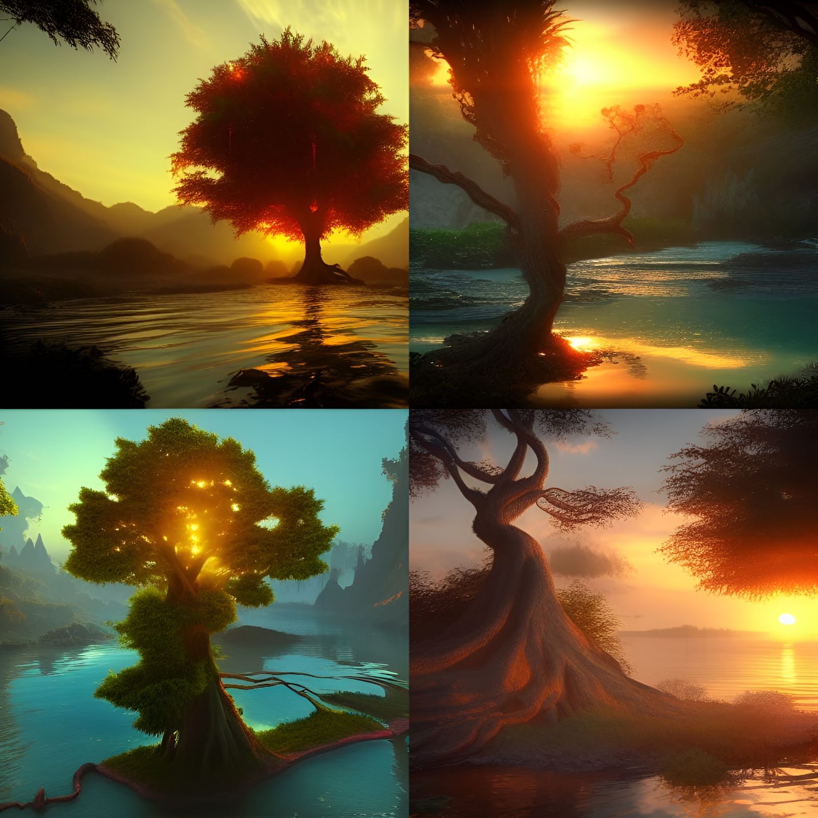 Sunset Tree Reflected in Water: Fantasy Concept Art
