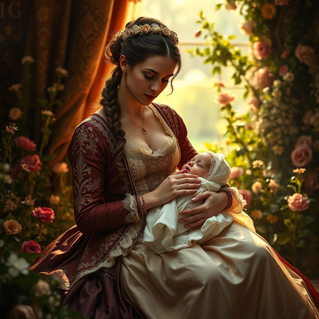 17th Century Dutch Noblewoman and Child in Spring Attire