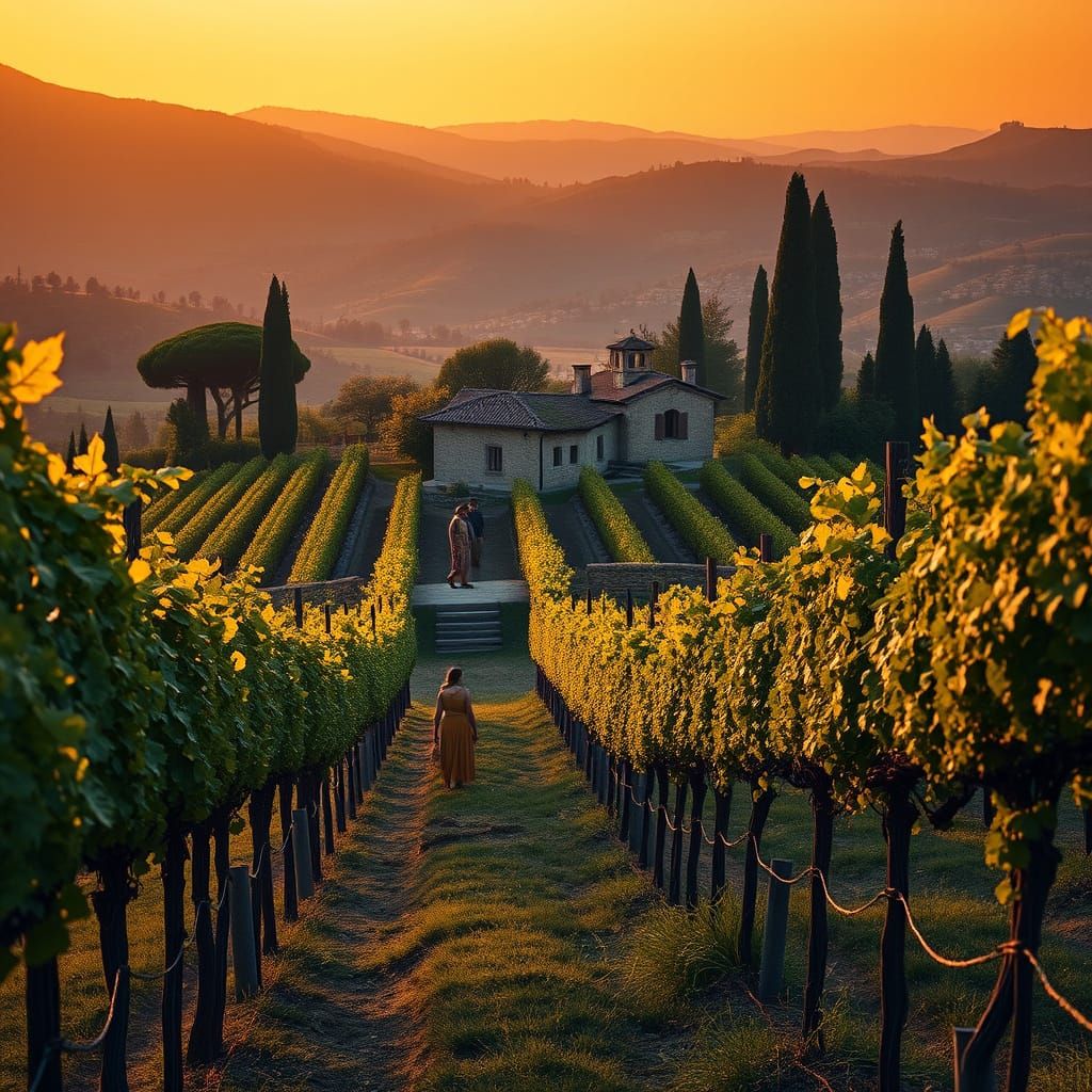 Vineyard Sunset in Whimsical Mediterranean Style