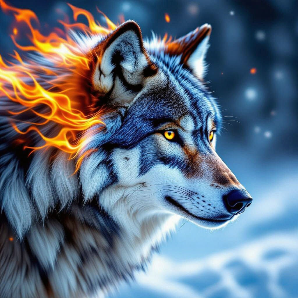 Wolf Face With Fire and Ice Elements in Hyperrealistic Style