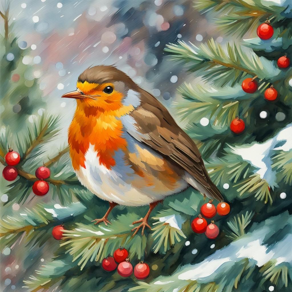 Robin sitting in a christmas tree