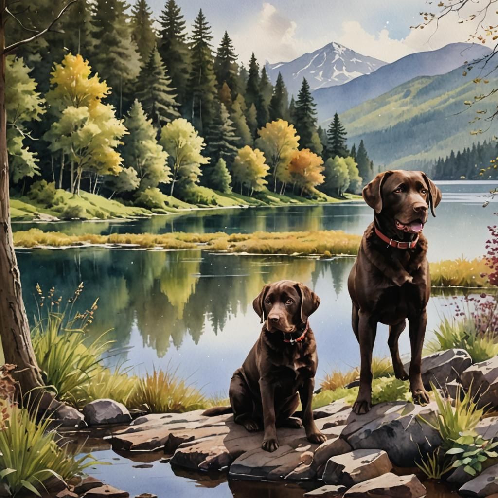 Watercolor Chocolate Lab Lakeside Matte Painting