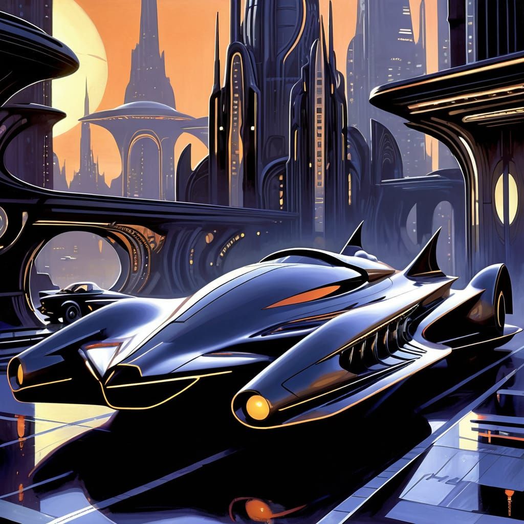Art Deco Batmobile in Misty Gotham City
