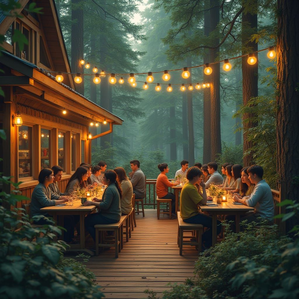 Cozy Pine Jungle Cafe Gathering in Whimsical Woodland Settin...