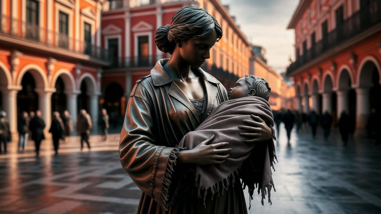 Mother Protects Baby from the Elements in a Vibrant Plaza