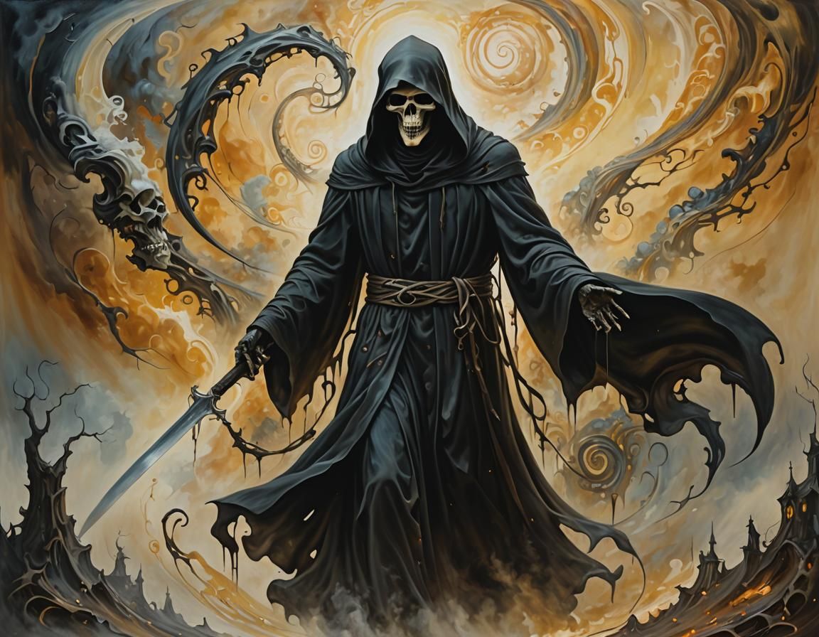Grim Reaper Guides Souls: Surreal Oil Painting