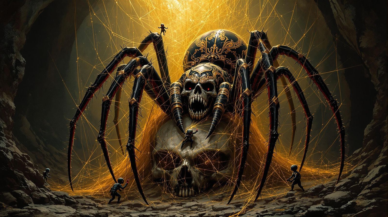 Armored Spider on Skull in Dark Fantasy Grotto