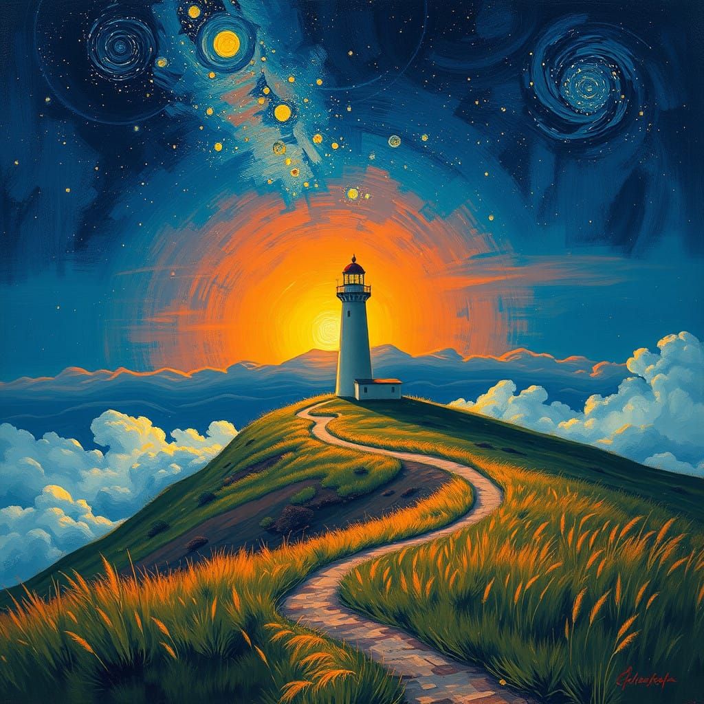 Luminous Lighthouse Under Starry Night Sky