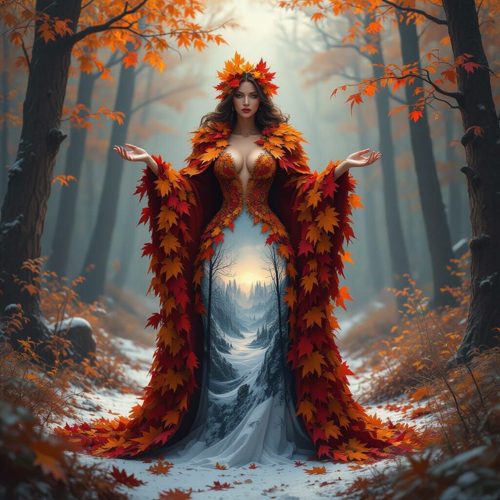 Autumn Goddess Reveals Winter Landscape in Ethereal Forest