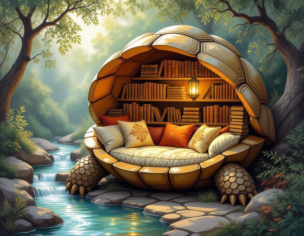 Cozy Tortoise Shell Reading Nook in Encaustic Style