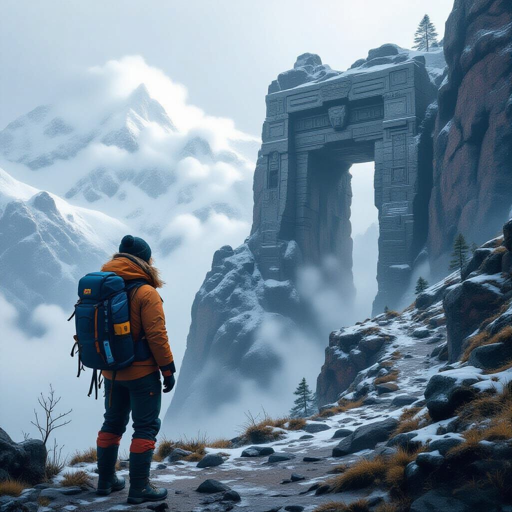 Adventurer at Mountain Gateway in Atmospheric Landscape