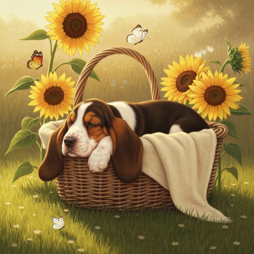 Adorable Basset Hound Puppy Sleeps in Sunflower Field