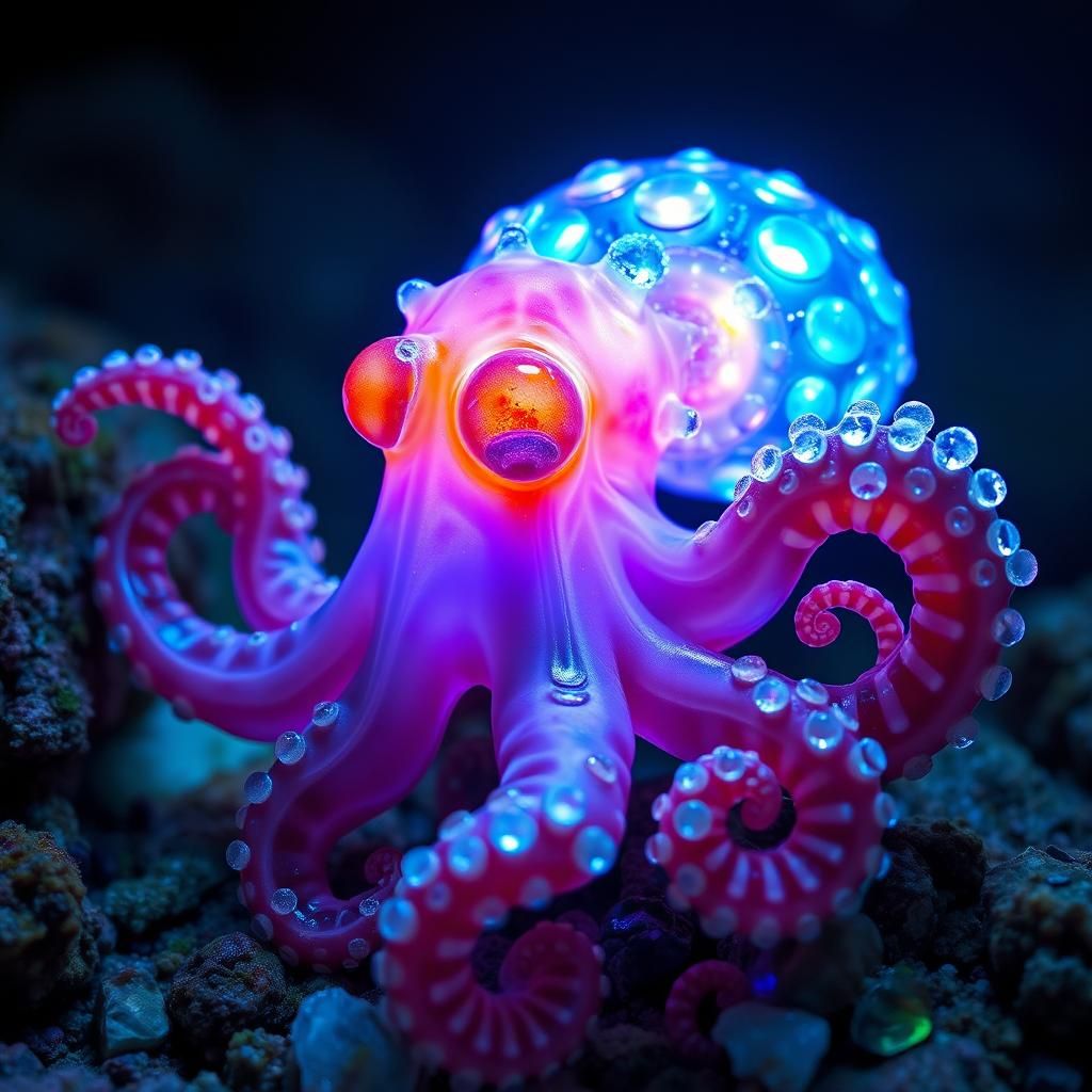 Bioluminescent Octopus and Nudibranch Underwater Scene