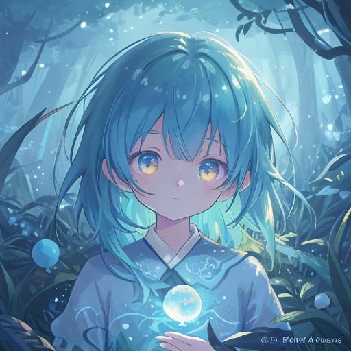 Anime Girl in Mystical Forest with Glowing Orbs
