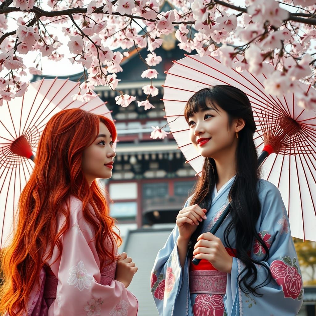 Young Japanese Women in Traditional Yukatas Under Cherry Blo...