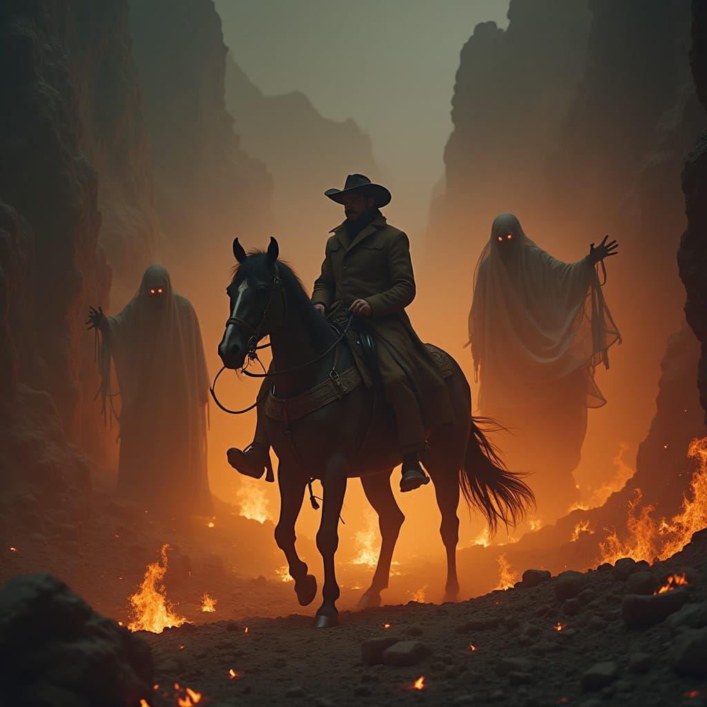 Cowboy Riding into the Underworld in a Haunting, Surreal Sce...