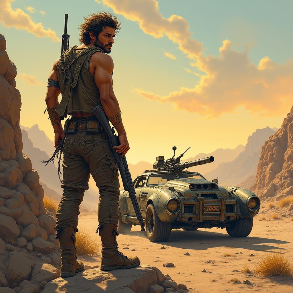 Tall Warrior Stands on Rocky Ridge, Wielding Shotgun and Sur...