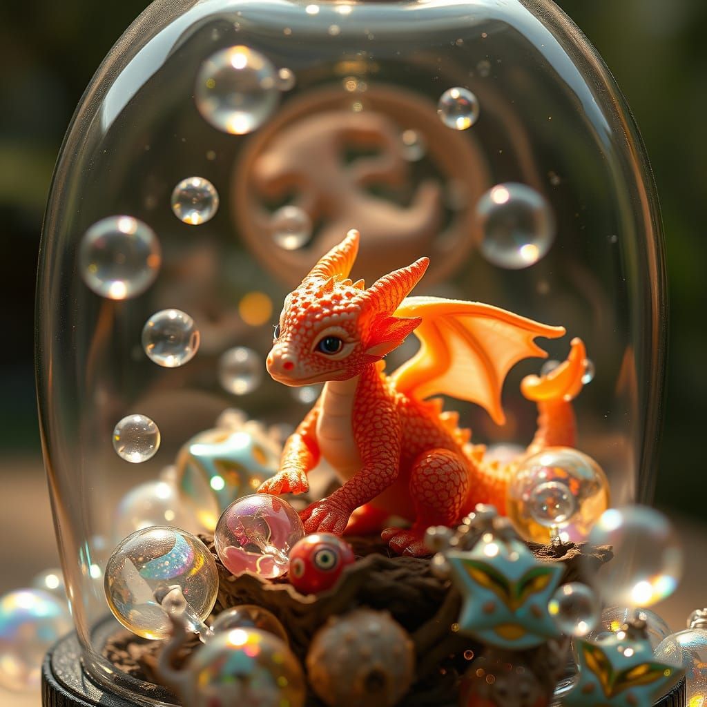 Ethereal Glass Terrarium with Glowing Soap Bubbles and Drago...