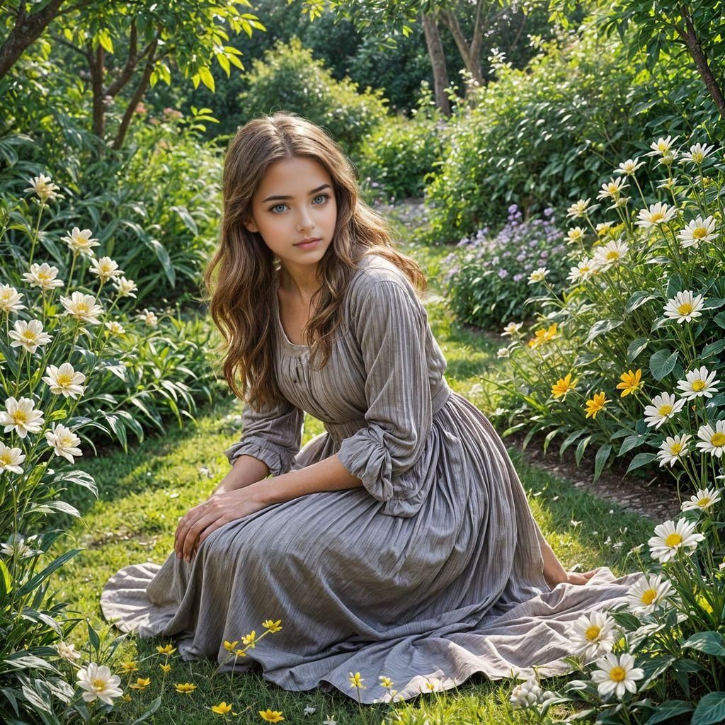 Woman with Brown Hair Gardening in Grey Dress