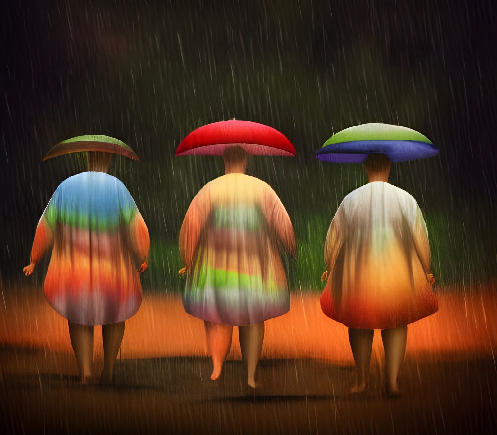 Psychedelic Image of Women with Umbrellas in the Rain