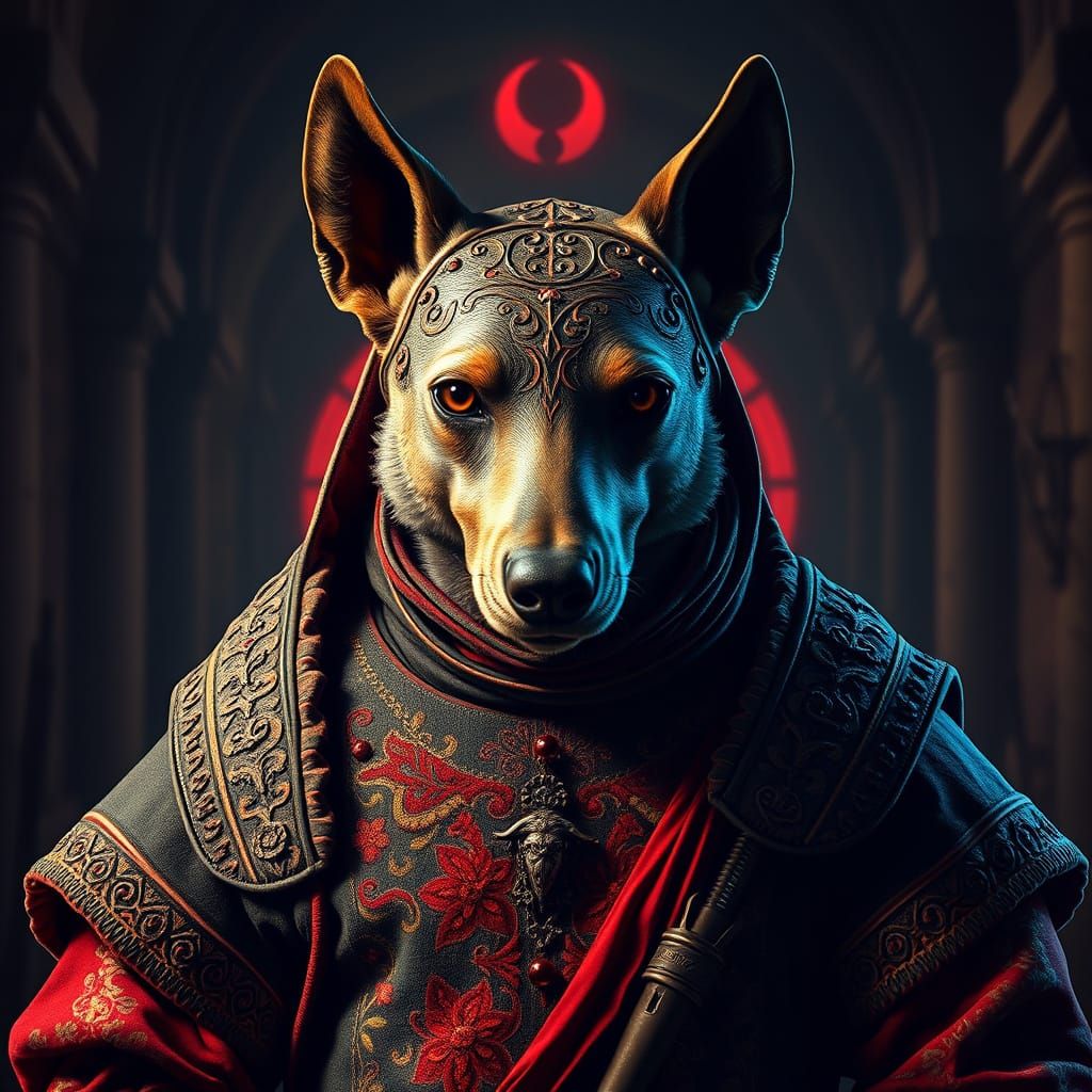 Dog-Headed Man in Cyberpunk Medieval Attire