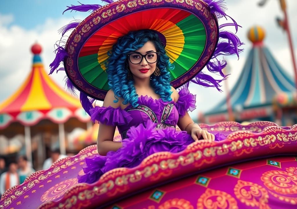 Woman in Rainbow Hat Rides Spinning Sombrero