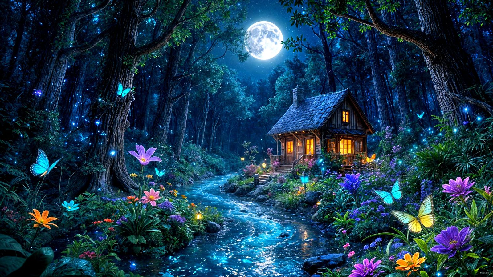 Mystical Forest House Illuminated by Bioluminescent Flora