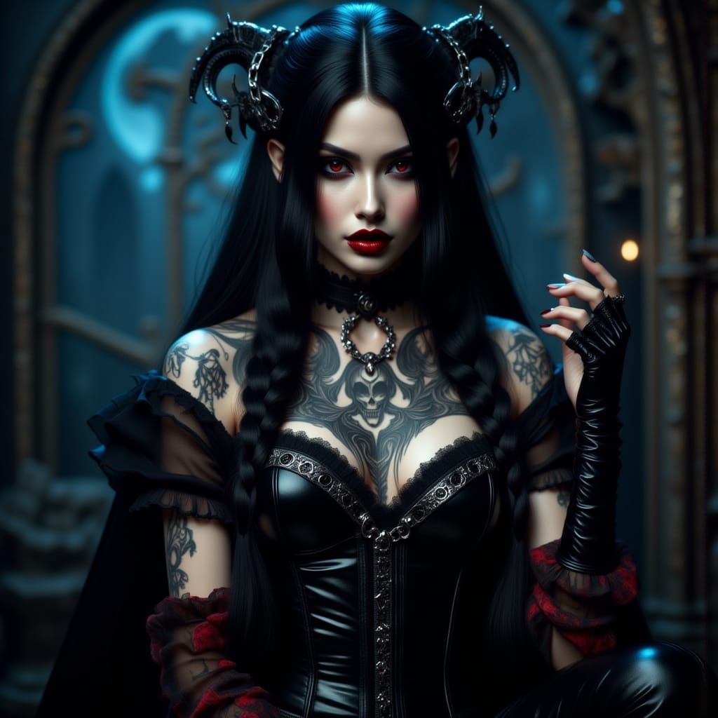 Gothic Priestess Portrait with Blackwork Tattoos