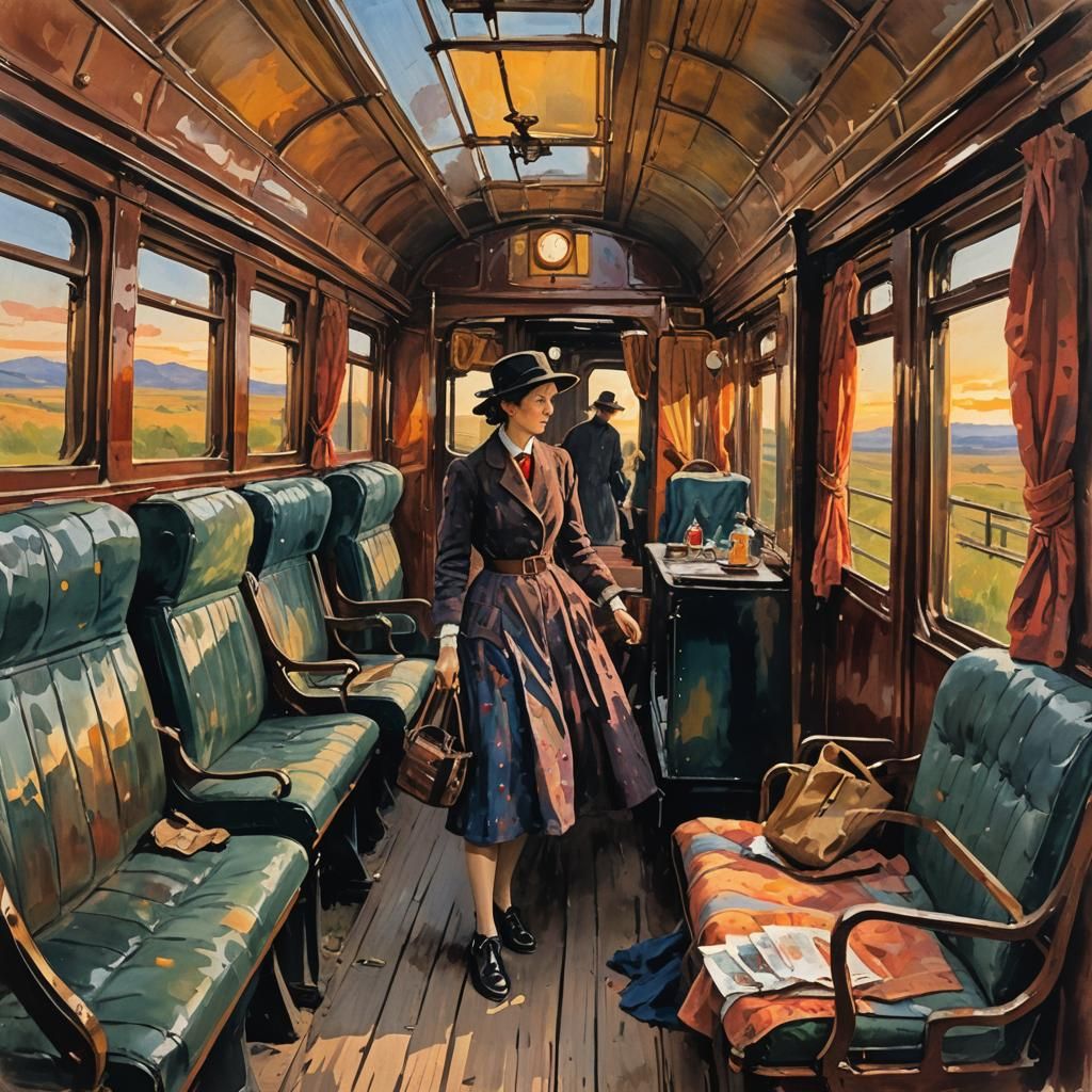 Woman on Train at Sunset: Gouache Impressionist Painting