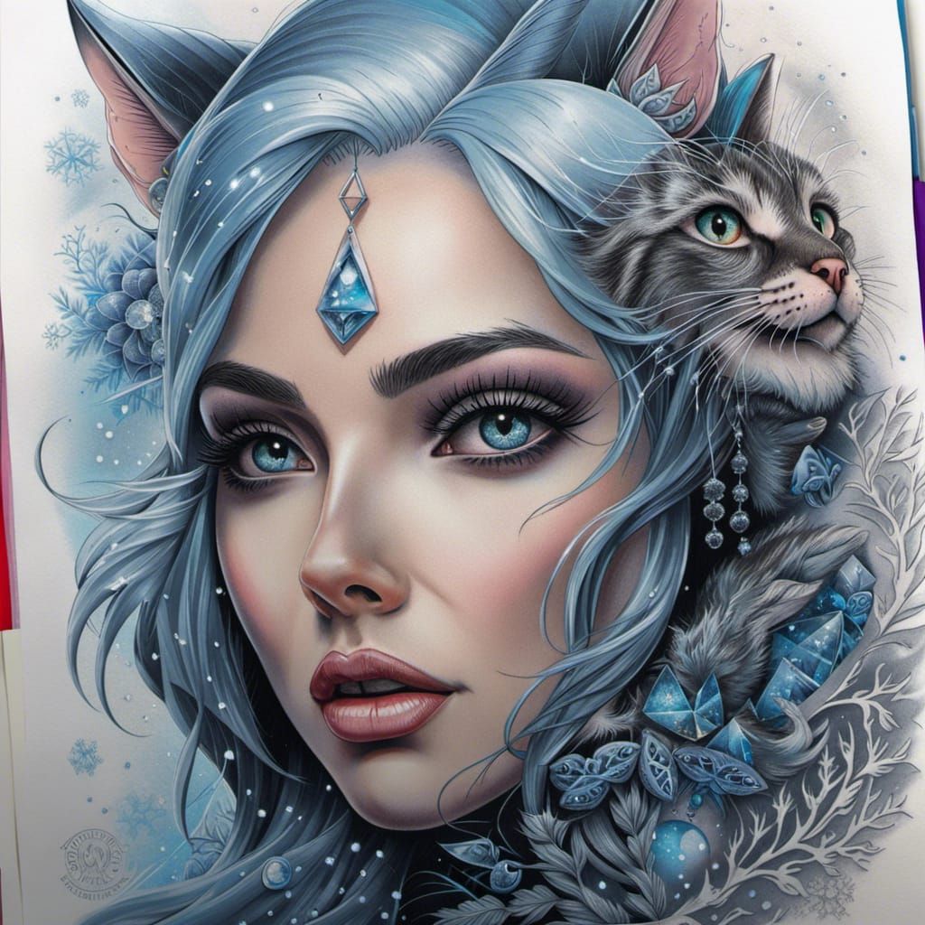 Intricate Tattoo Design: Ice Witch and Cat