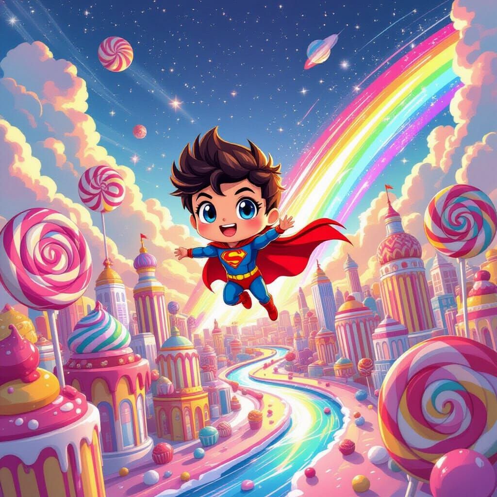 Chibi Superhero Soars Above Candy Metropolis