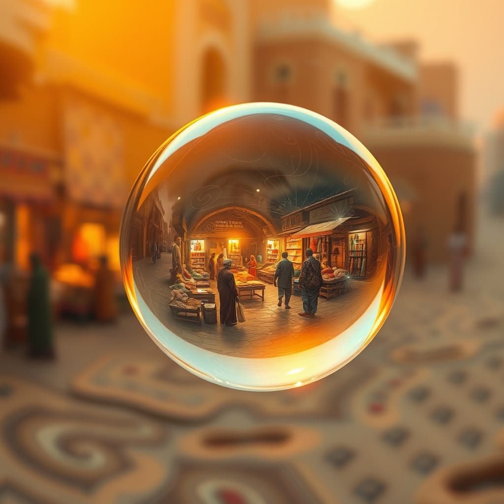 Bubble Reflecting a Bygone Marketplace in Surreal Style