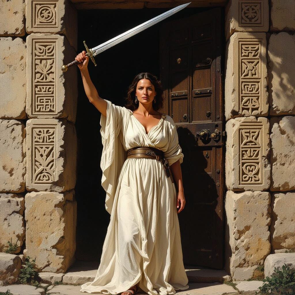 Polish Guardian in Grecian Dress Wields Sword at Ancient Doo...