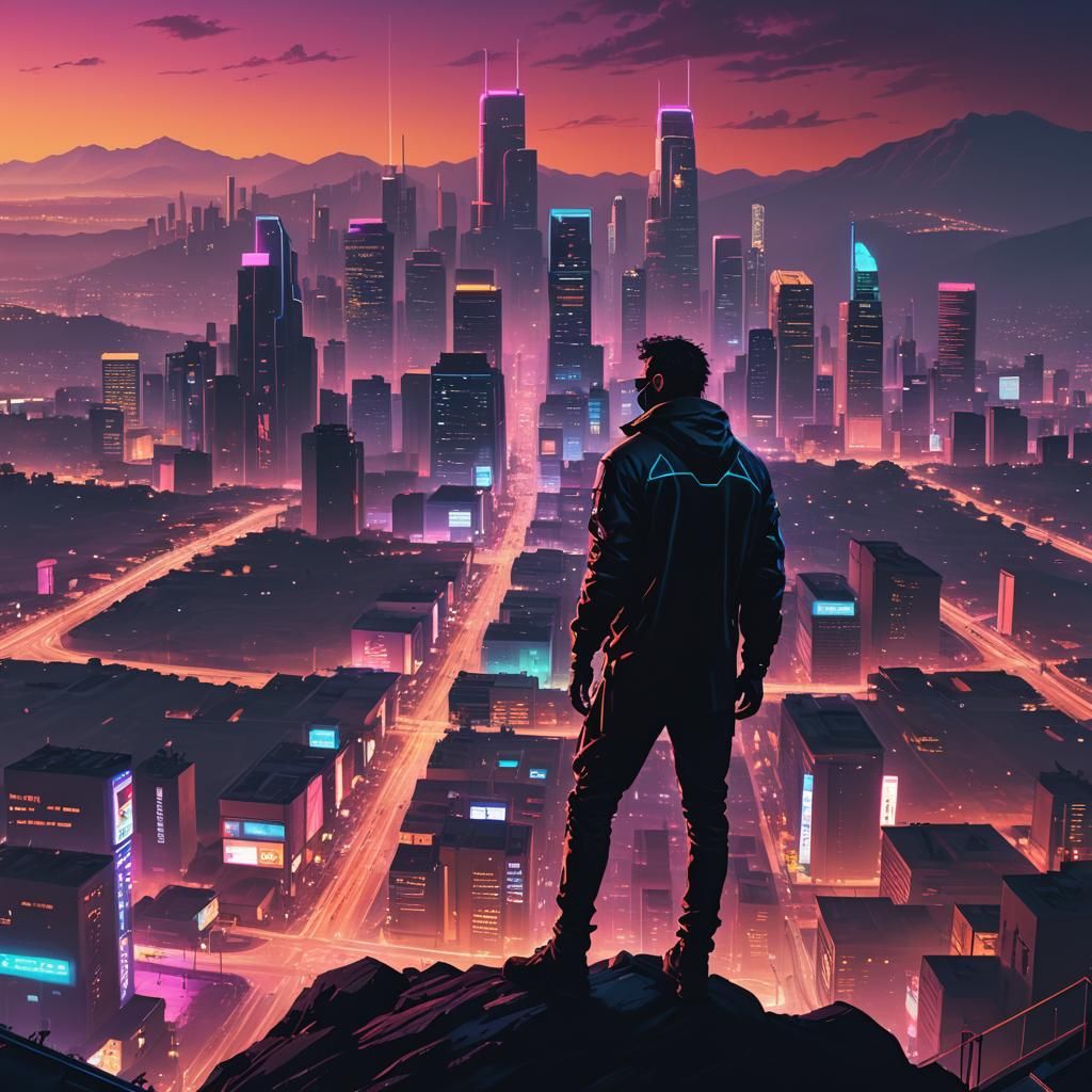 Cyberpunk Figure Overlooking Neon Cityscape