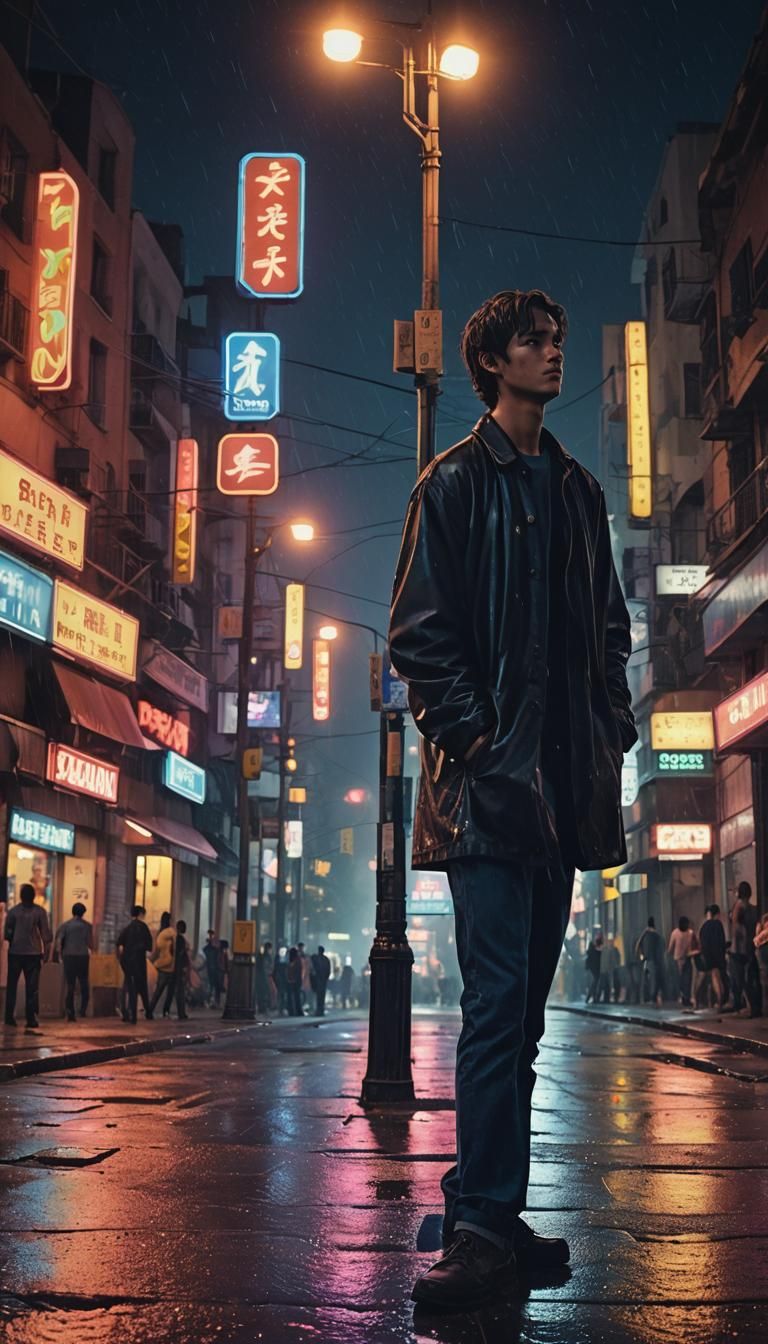 Urban Night Scene with Glowing Streetlights