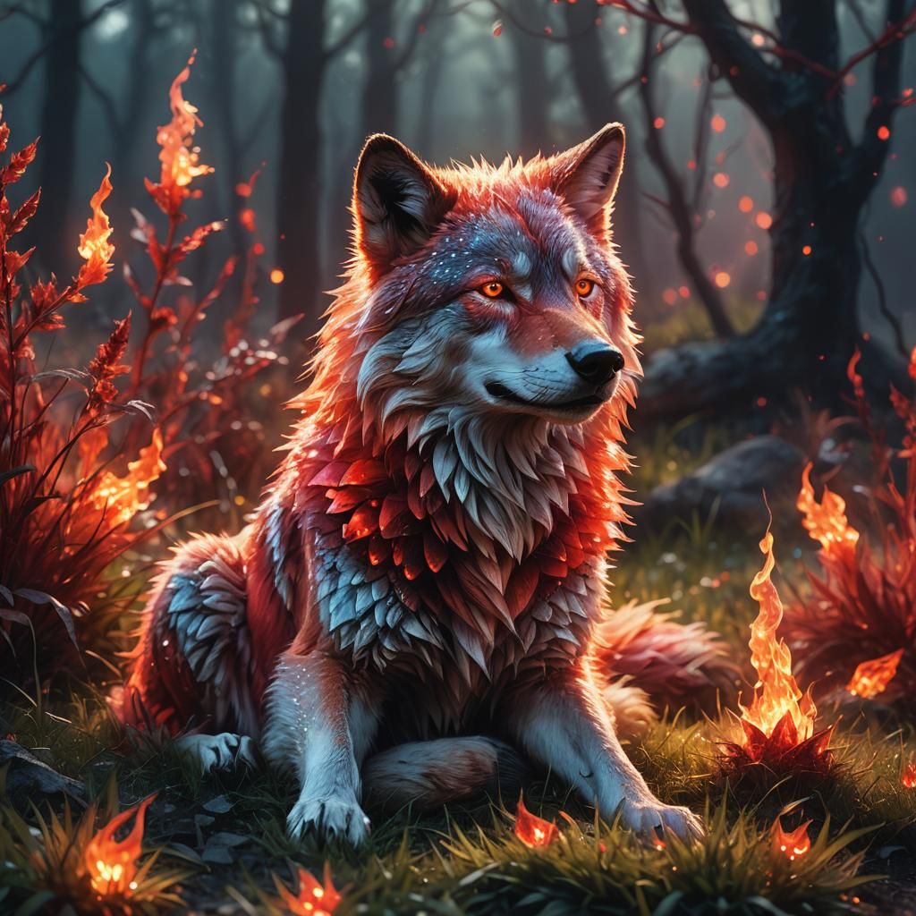 Crystal Wolf Surrounded by Fire in Detailed Macro