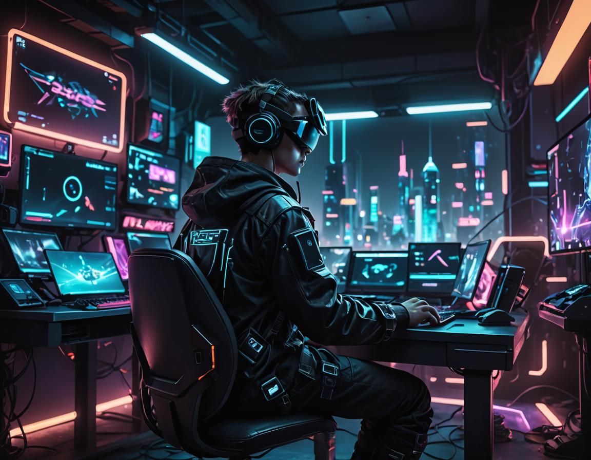 Cyberpunk Gamer Immersed in Virtual Reality