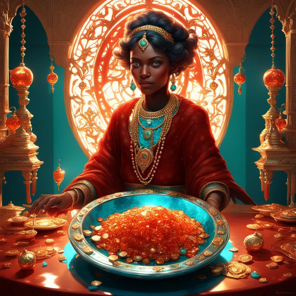 Red Candy in Gold Basket, Art Nouveau Style