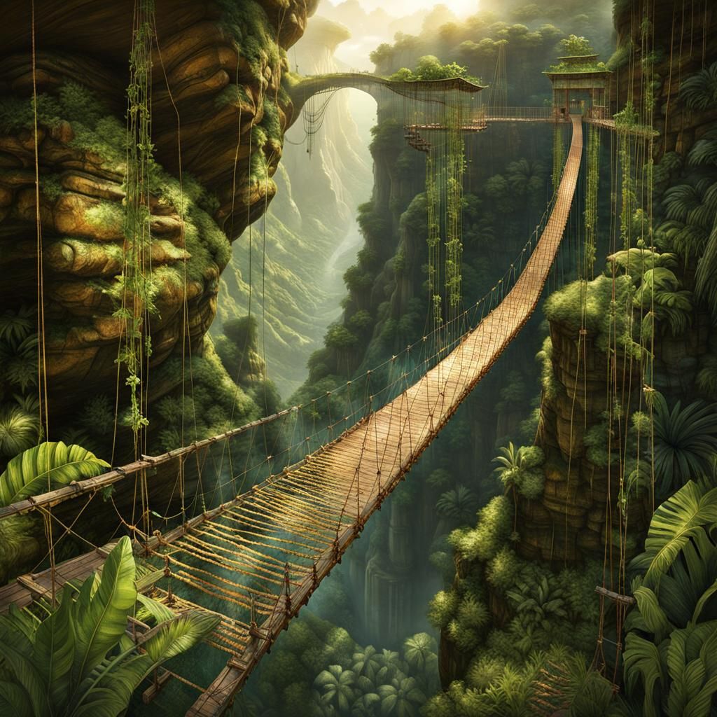 Ancient Maya Temple and Rope Bridge