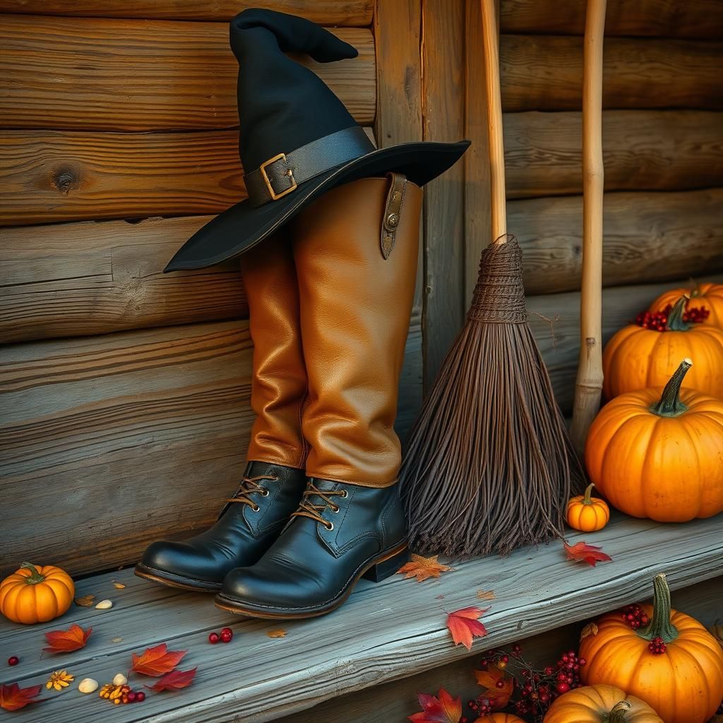 A Witch's Pair of boots on an old rickety cabin porch, her h...