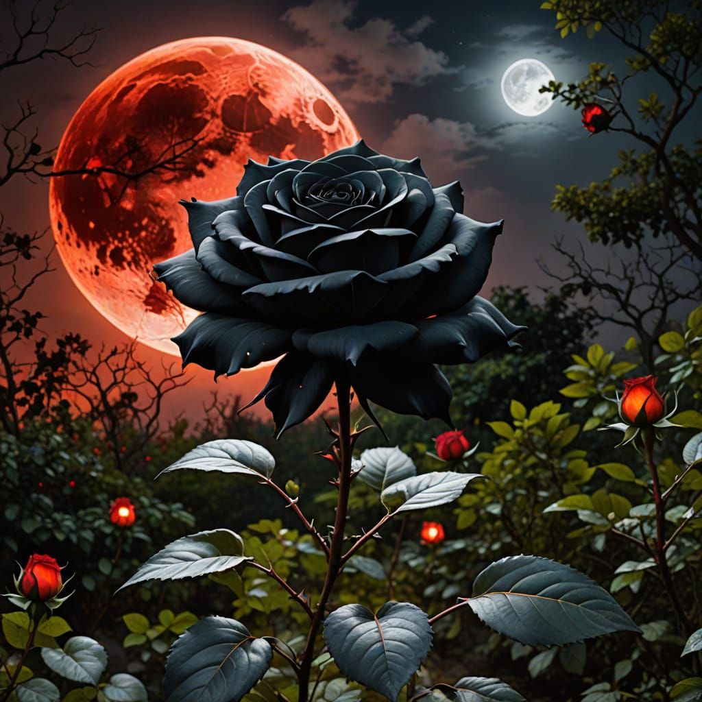 Giant Black Rose Burns Under Blood Moon